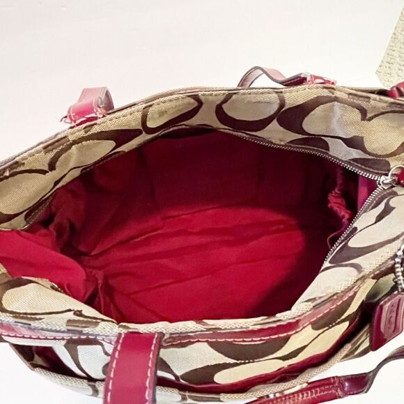 Coach Khaki Signature Cherry Red Tote Bag Handbag Weekender F17443 Patent Large - Picture 4 of 16